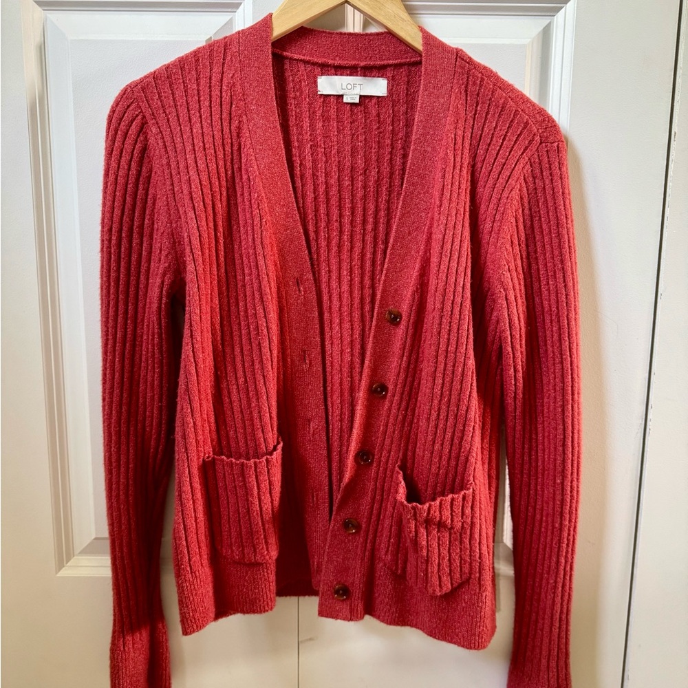 LOFT Women's Mixed Ribbed Pocket V-Neck Cardigan